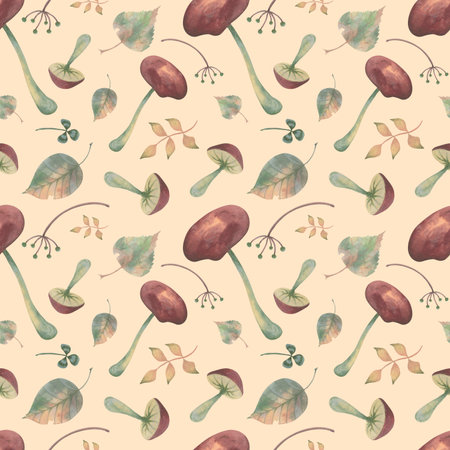 Watercolor autumn mushrooms seamless pattern on a beige backgroundの写真素材