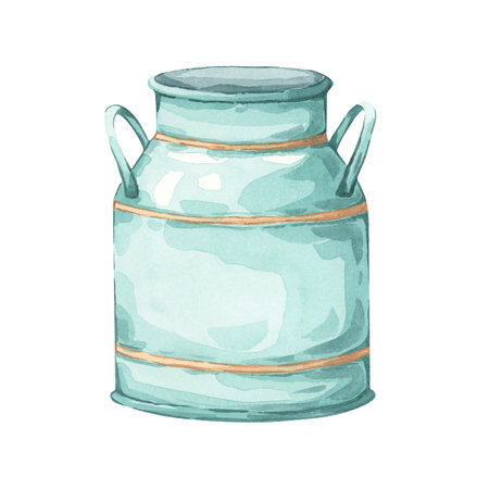 Rustic turquoise metal jar watercolor illustrationの写真素材