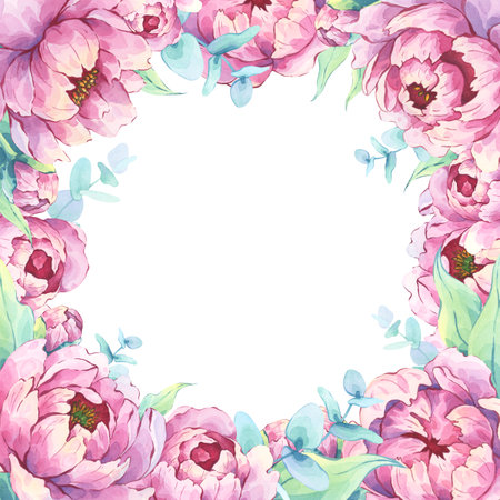 Pink peony flowers watercolor frame with eucalyptus branches and leavesの写真素材