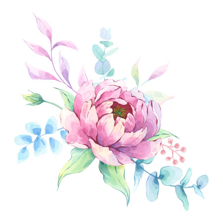 Peony flower and eucalyptus watercolor compositionの写真素材