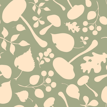 Two-tone autumn seamless pattern with mushrooms, leaves, and berriesの写真素材