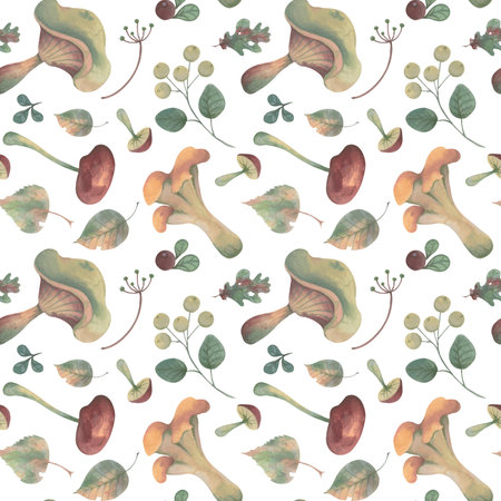 Autumn watercolor seamless pattern with mushrooms, leaves, and berriesの写真素材