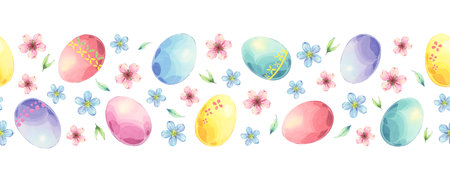 Easter seamless border with colorful eggs and spring flowers. Hand-painted watercolor illustration on a white background. Perfect for holiday designs, invitations, and festive decorations.の写真素材