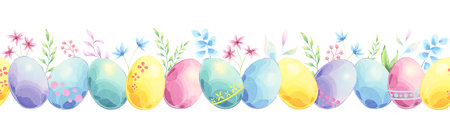 Spring easter seamless border of colorful eggs, flowers and twigs in watercolor techniqueの写真素材