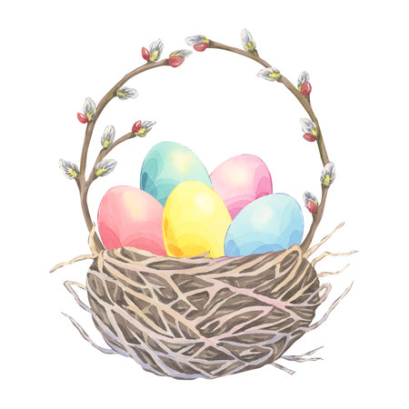 Watercolor birdâs nest with colored easter eggs and catkin on a white background. Willow branch spring decor. Festive hand-drawn composition. Illustration perfect for greeting cardsの写真素材
