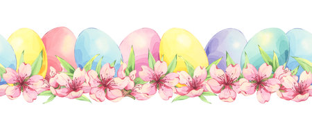 Watercolor seamless Easter border with colorful eggs and cherry blossom. Hand-painted illustration in a white backgroundの写真素材