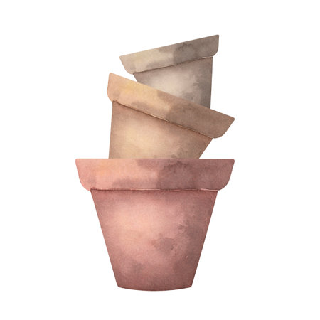 Staked clay flower pots watercolor illustration - rustic garden decorの写真素材