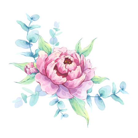 Pink peony with greenery - botanical watercolor illustrationの写真素材
