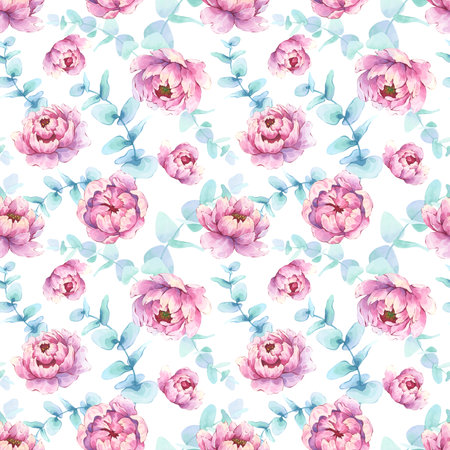 Seamless watercolor peony and eucalyptus pattern on white backgroundの写真素材