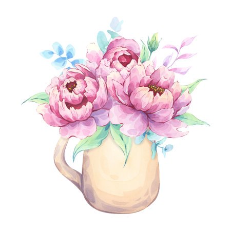 Pink watercolor peony flowers in a ceramic pitcherの写真素材
