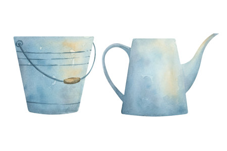 Watercolor metal bucket and watering can - gardening decor illustration. Hand-painted set of isolated objects on a white background. Perfect for decorating gardening-themed projectsの写真素材