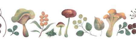 Autumn watercolor seamless border with mushrooms and berries. Hand-painted illustration with color pencil texture in warm earthy pastel tones. Perfect for seasonal designsの写真素材