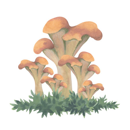 Watercolor Chanterelle mushrooms on grass - autumn illustrationの写真素材