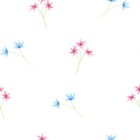 Minimalistic floral seamless pattern with pink and blue flowers. Watercolors stylized illustration. Simple bloom. Decorative design great for fabric, soft feminine packaging, nursery decorの写真素材