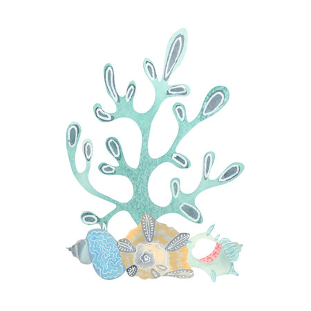 Coral and shells - ocean botanical illustration. Whimsical marine watercolor composition of seaweed with colored pencil textures. Great for sea-themed cards, beach party invitations, stationaryの写真素材