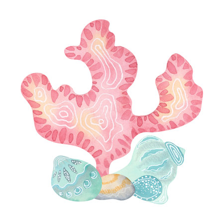 Pink coral and seashells - watercolor ocean clipart. Hand-painted composition in pastel colors with colored pencil texture. Perfect for beach-themed designs, and summer stationeryの写真素材