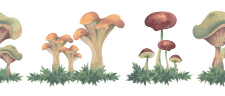 Autumn seamless border with mushrooms -watercolor illustration with color pencil textureの写真素材