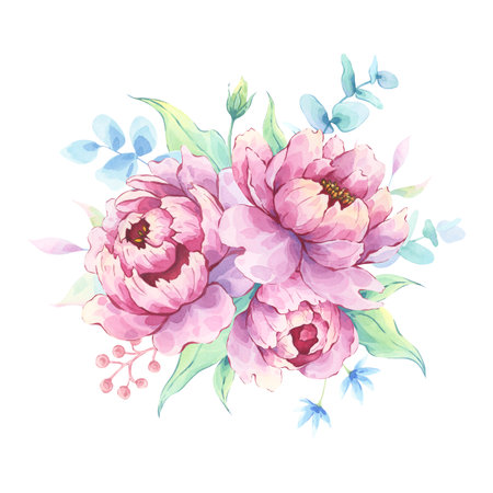 Watercolor peony bouquet with eucalyptus twigs -floral clipart for stationery and packagingの写真素材