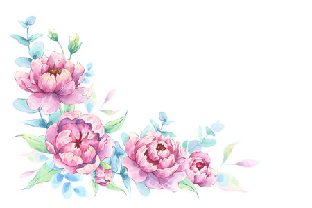 Corner flower arrangement with pink peonies and eucalyptusの写真素材