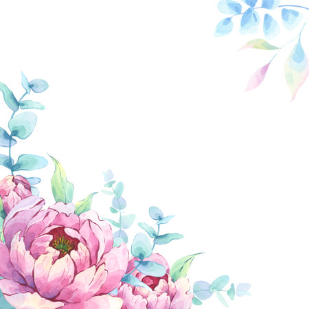 Floral watercolor frame with peony flowers and greenery - hand-painted illustrationの写真素材