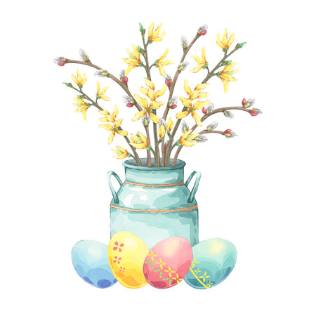 Easter composition with spring flowers and eggs. Watercolor bouquet with pussy willows and forsythia in a metal can. Spring arrangement with colorful Easter eggs. Perfect for festive decorの写真素材