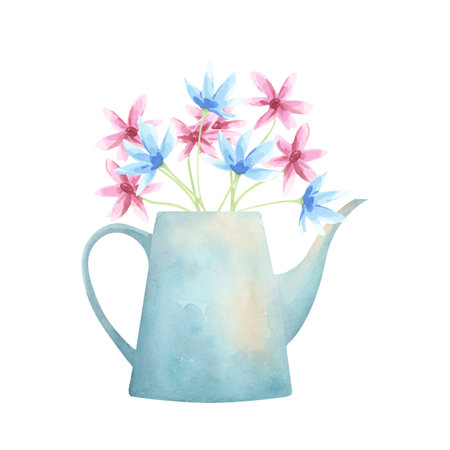 Watering can with spring flowers. Minimalistic hand-painted watercolor illustration. Sketch style. Great for spring stickers, garden-themed designs, and stationeryの写真素材