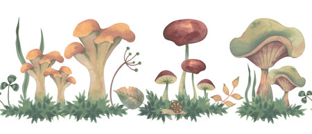 Cozy autumn seamless border with mushrooms. Hand drawn watercolor illustration. Russula, Armillaria and Chanterelle in soft pastel tones with colored pencil texture on a white backgroundの写真素材