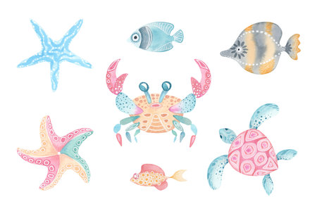 Sea animals watercolor illustrations set. Ocean creatures with pencil and gel pen textures: crab, turtle, fish, starfish. Pastel colors. Perfect for kids decor, summer cards, ocean-themed stationeryの写真素材