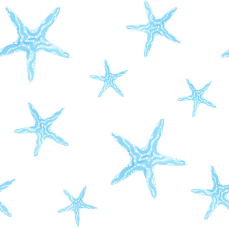 Blue starfish simple watercolor seamless pattern on white background. Hand-painted illustration. Perfect for beach-themed fabrics, summer gift wrap, kids room decor, or nautical party suppliesの写真素材