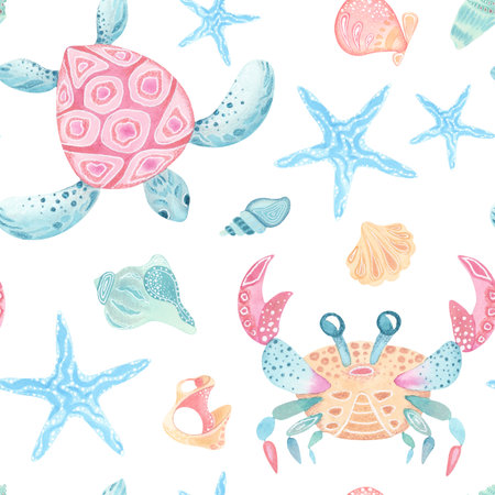 Watercolor sea life seamless pattern. Cartoon illustration. Turtle, crab, starfish and shells in pastel colors with delicate texture. Ideal for kids products, summer crafts, ocean-themed designsの写真素材