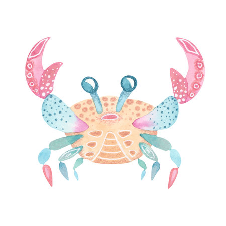 Cartoon watercolor crab illustration on a white background. Cute sea creature with colored pencil and white gel pen texture. Great for kids decor, ocean-themed cards, stationary, and stickersの写真素材