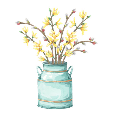 Spring bouquet. Yellow flowers and pussy willows in a metal bucket. Delicate forsythia and catkins in watercolor illustrative technique. Perfect for seasonal design, easter greeting cardsの写真素材