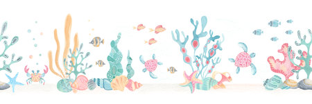 Underwater sea life seamless border. Cute ocean animals and plants in pastel colors. Cartoon style watercolor illustration with turtle, crab, fish, shells and seaweed. Perfect for kids room decorの写真素材