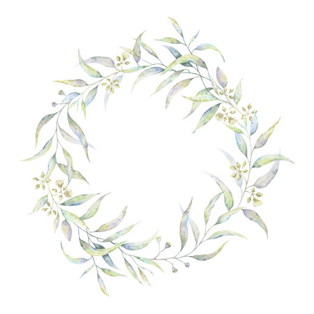 Watercolor eucalyptus wreath with blossoms. Hand-painted illustration in translucent tones. Soft botanical circle. Perfect for natural cosmetic labels, wedging invitations, eco packaging, home decorの写真素材