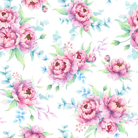 Seamless peony and eucalyptus watercolor pattern. Elegant pink flowers with greenery on a white background. Perfect for stationary, fabric, feminine branding and spring-themed packagingの写真素材