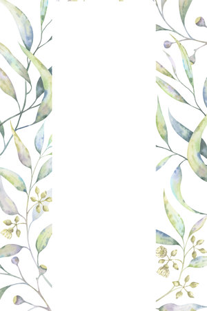 Watercolor eucalyptus wedding invitation card adorned with hand-painted delicate branches. Airy illustration perfect for festive arrangements, stationery, romantic events in any languageの写真素材