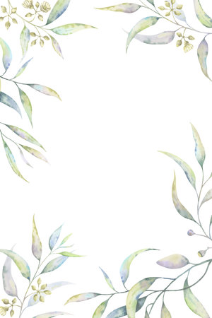 Eucalyptus invitation card. Hand-painted watercolor botanical illustration for weddings, greeting cards, cosmetic packaging, eco-style event decor. Soft, elegant and versatile floral templateの写真素材