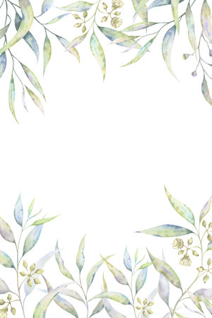 Watercolor eucalyptus floral frame. Delicate botanical template with blooming branches in muted tones. Perfect for invitations, greeting cards, cosmetic packaging, and stationaryの写真素材