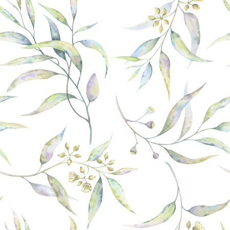 Eucalyptus seamless pattern in watercolor illustrative technique. Hand-drawn motif of blooming eucalyptus branches. Transparent and airy leaves. Perfect for elegant nature-themed projectsの写真素材