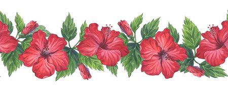 Red hibiscus exotic blossom border in watercolor techniqueの写真素材