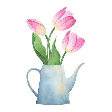 Watering can with pink tulips - spring floral watercolor illustrationの写真素材