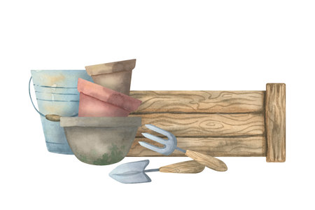 Watercolor gardening tools illustration - shovel, rake, bucket, wooden box and potsの写真素材