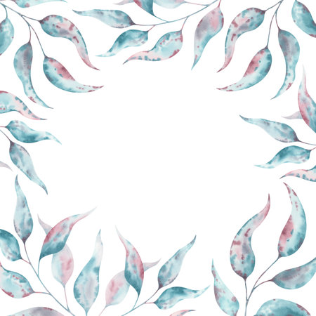 Eucalyptus sprigs square watercolor frame. Hand-drawn botanical illustration in turquoise and burgundy colors. Perfect for invitations, greeting cards, packaging, stationary, natural beauty productsの写真素材