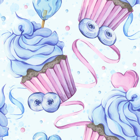 Seamless watercolor sweets and desserts pattern in blue tonesの写真素材