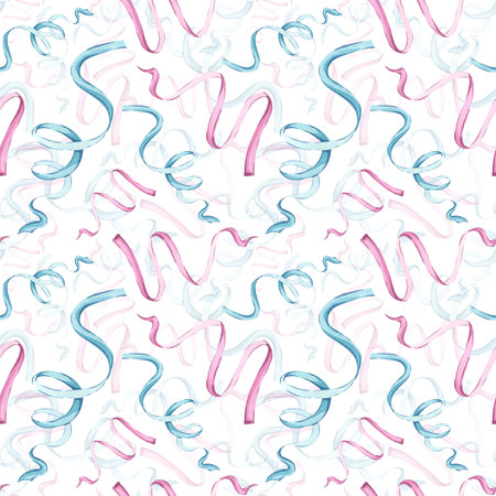 Seamless watercolor streamers pattern in pink and turquoise. Playful texture with curling ribbons on a white background. The illustration is perfect for party designs, gift wrap, festive decorの写真素材