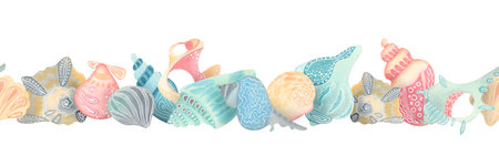 Seashells seamless border in a playful watercolor sketch style. Hand-drawn marine illustration. Perfect for stationary, packaging, nursery decor, kids room decorationの写真素材