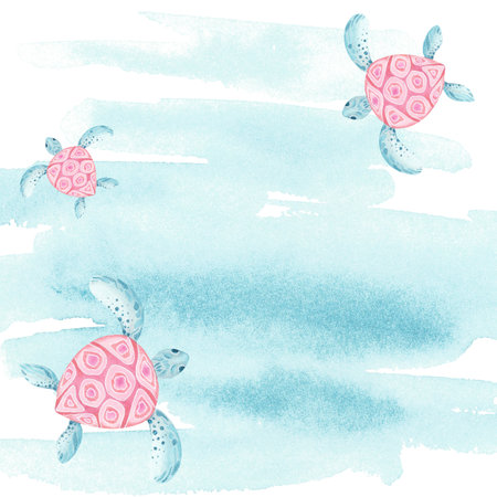 Watercolor turtles illustration card template. Cartoon turtles on a soft turquoise background. Hand-drawn composition. Perfect for greeting cards, invitations, stationary. Versatile ocean designの写真素材