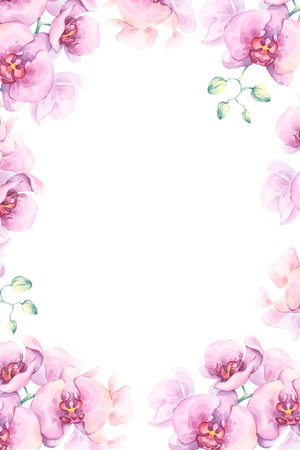 Pink orchid frame for invitations and cards. Hand-drawn botanical watercolor illustration. Translucent flowers. Elegant floral design. Ideal for spa menus, brochures, feminine branding, and plannersの写真素材