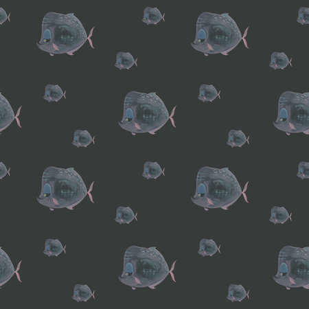 Pale fish pattern on black background. Hand-drawn watercolor illustration. Translucent school of fish in muted tones. Ideal for fabric, stationary, notebook covers, and digital designの写真素材