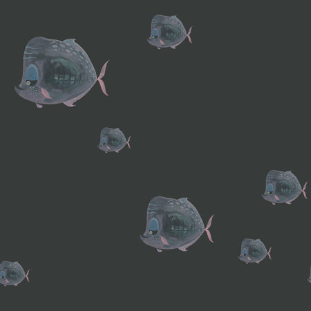 Black seamless marine pattern. Fish watercolor illustration on dark background. Perfect for fashion fabric, luxury product packaging, gift bagsの写真素材